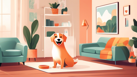Create an image of a happy dog using a modern, stylish indoor dog litter box in a cozy, well-designed living room. The scene should depict a clean and convenient setup that makes pet care easy for own