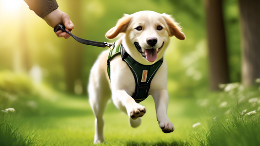 Create an image of a happy dog wearing a secure and comfortable 'Paw Safe Harness' while being outdoors. The scene should convey a sense of safety and enjoyment, possibly showing the dog and its owner