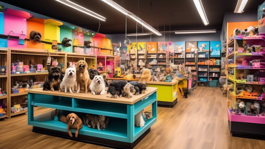 Create an image of a vibrant, well-organized dog supply store. The store should have neatly arranged shelves filled with various dog products such as colorful collars, leashes, toys, food, and groomin