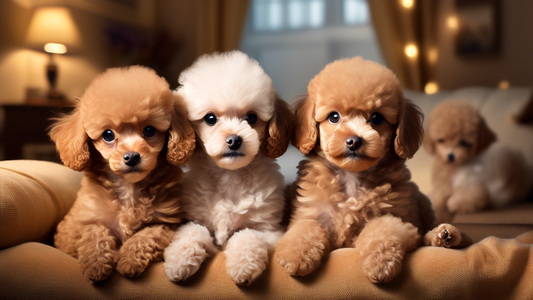 Create a charming and heartwarming image depicting a family of toy poodle puppies in a cozy, homey setting. The puppies should be playful and fluffy, with a variety of coat colors. Include a map in th