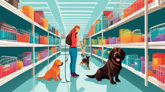 Create a detailed image of a pet store aisle featuring various XL Kong dog crates on display. Illustrate different types and features, such as comfortable padding, secure latches, and durable material