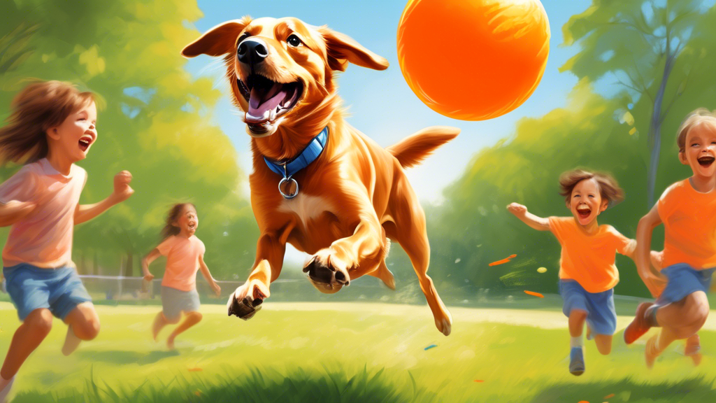 An energetic dog joyfully leaping to catch a bright orange Chuckit! Ultra Ball in a sunny, grassy park, with children playing in the background.