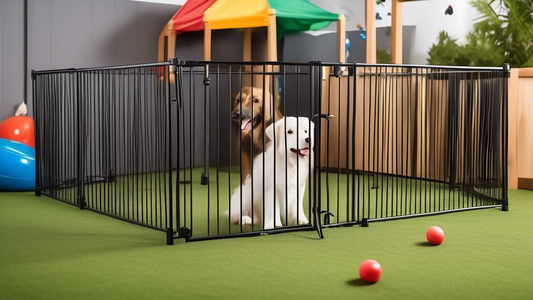 Create an image of a spacious and well-designed dog playpen set up in a backyard, with happy dogs of various breeds playing inside. The playpen features durable materials, interactive toys, and comfor