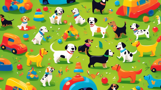 Create an image depicting a joyful scene of playful dogs in a vibrant, spacious park filled with a wide variety of colorful and imaginative dog toys. Include different breeds of dogs engaging in activ