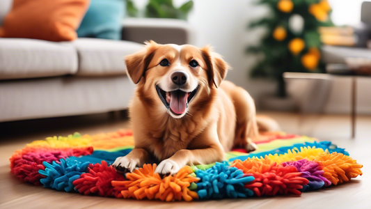 Create an image of a happy dog enthusiastically playing with a colorful snuffle mat. The scene should be vibrant and cozy, showing a comfortable living room space with the dog interactively sniffing t