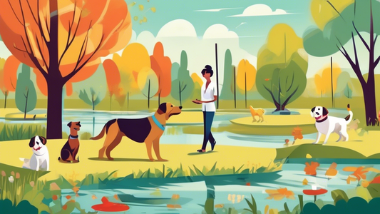 A friendly and patient dog behaviorist in a peaceful park setting, gently training a variety of dog breeds, each exhibiting unique behaviors, surrounded by trees and a small pond, on a sunny day.