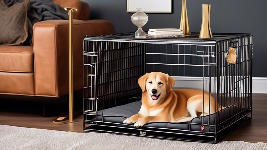 Create an image of a cozy living room with a high-quality metal dog crate placed in a corner. The crate should have a comfortable bed inside, with a playful dog happily peeking out. Surround the scene