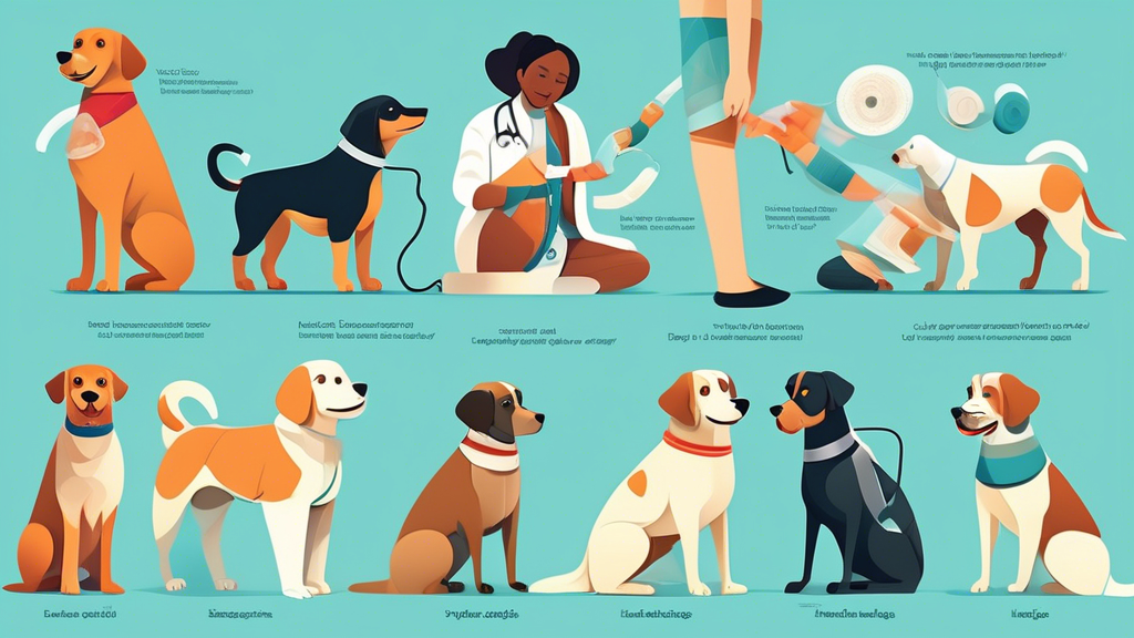 An illustrated guide showing a range of different types of dog bandages, including leg wraps, torso bands, and paw protectors, with a veterinarian demonstrating proper application techniques on variou