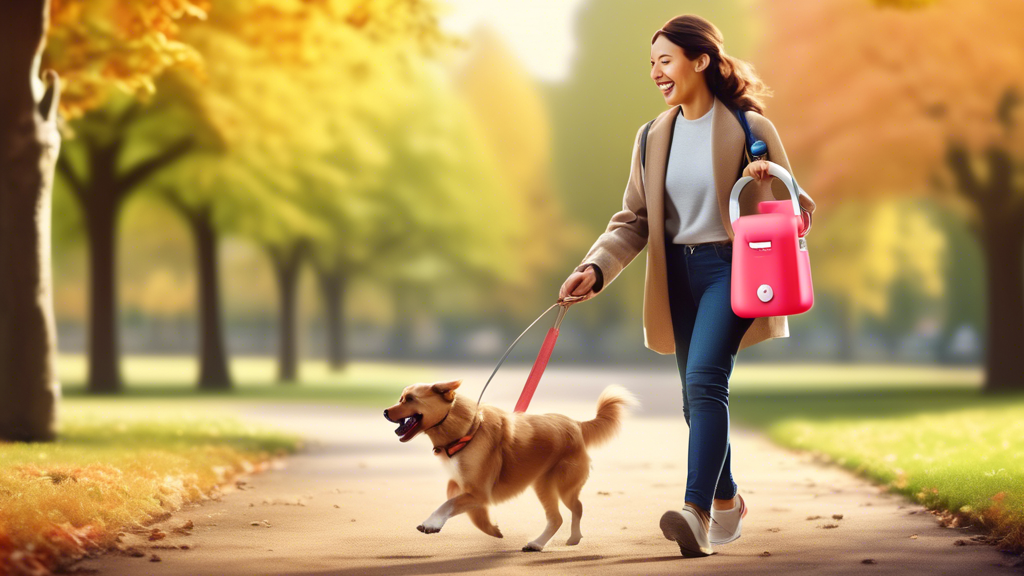 Create an image of a cheerful dog owner walking their dog in a scenic park. The owner is carrying a stylish, compact dog treat dispenser attached to their belt. The dog, walking beside them, looks exc
