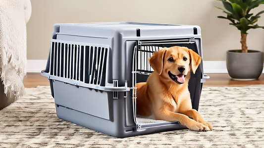 Create an image of a cheerful dog sitting comfortably inside a top-rated plastic dog crate. The crate is designed with smooth edges, ventilation slats, and a secure door, showcasing both durability an