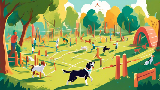 A vibrant illustration of an eager dog navigating an agility course, complete with obstacles like tunnels, weave poles, and jumps. In the background, a friendly trainer guides a small class of enthusi