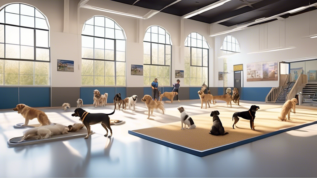 Create a photorealistic image of a state-of-the-art dog training academy, featuring happy, well-behaved dogs of various breeds alongside professional trainers. The scene should include spacious traini
