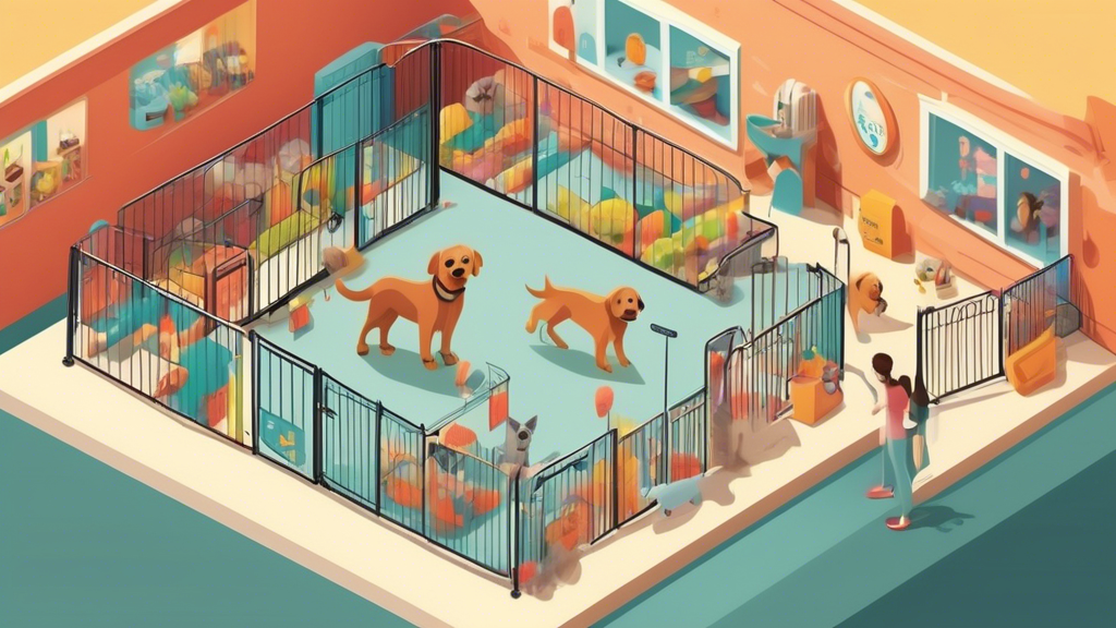 Create an image of a pet store setting showcasing a variety of dog playpens in different sizes and styles. Include friendly staff members assisting a happy family as they choose the perfect playpen fo