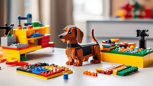 Create an image of a bright, cheerful workspace where someone is building a detailed LEGO dachshund. The table should be filled with various colored LEGO bricks and instruction booklets. Include a clo