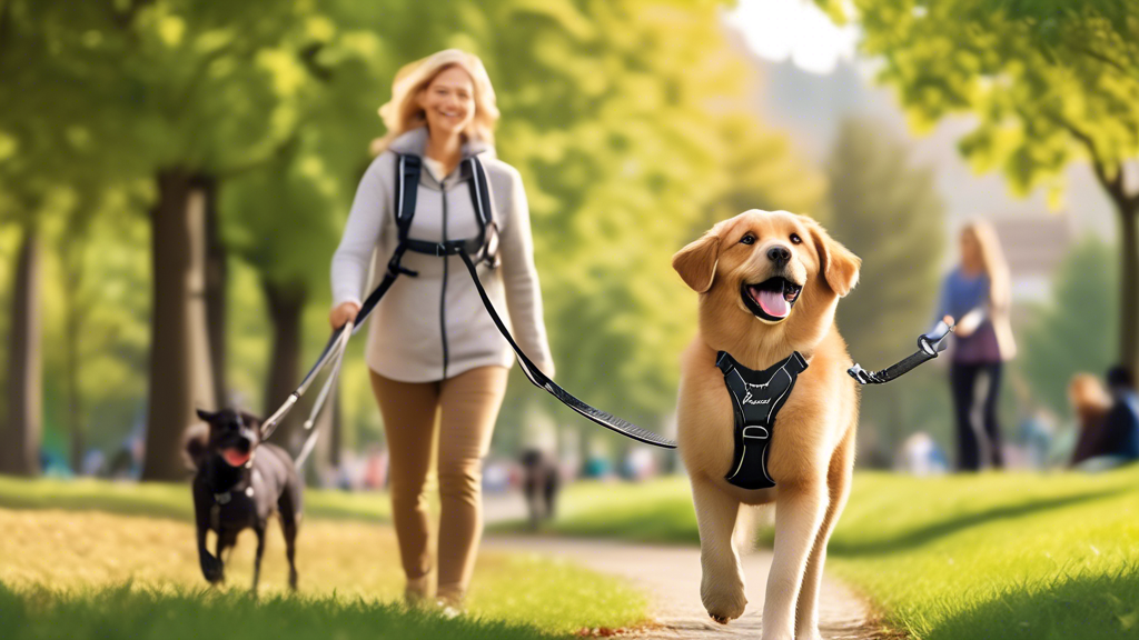 Create an image showcasing a friendly, medium-sized dog wearing a Halti No Pull Harness on a pleasant walk. The dog looks comfortable and happy, while the owner, holding the leash, appears relaxed and