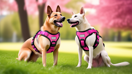 A stylish pink tactical dog harness fitted on a happy and energetic dog, set against a backdrop of a sunny park, with highlighted features such as durability, adjustable straps, and secure fastenings.
