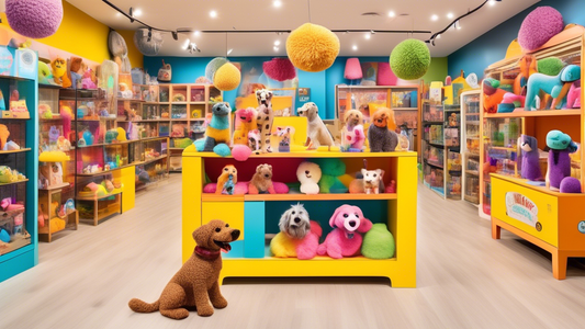 Create an image of a cheerful and vibrant pet shop display featuring a range of colorful and whimsical Fuzzyard dog toys. Highlight the materials' durability and fun designs by showing playful dogs en
