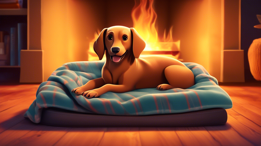 A warm, cozy dog bed with a built-in blanket, featuring a happy dog snuggled up inside. The scene is set in a comfortable living room with soft lighting, plush furniture, and a crackling fireplace in 