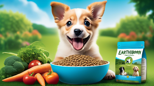 Create an image of a happy, playful puppy enjoying a bowl of Earthborn Holistic Puppy Food in a lush, green backyard. Surround the puppy with imagery that emphasizes natural ingredients, such as fresh