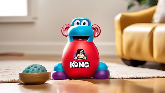 Create an image of a brightly colored Kong Wobbler toy in the shape of an adorable, cartoonish animal. Place the toy in the center of a cozy living room setting with a playful dog excitedly interactin