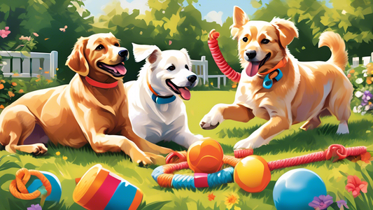 Create an image of a playful scene in a sunny backyard with a variety of colorful tug toys scattered around. Happy and energetic dogs of different breeds are engaging with the toys and each other, sho