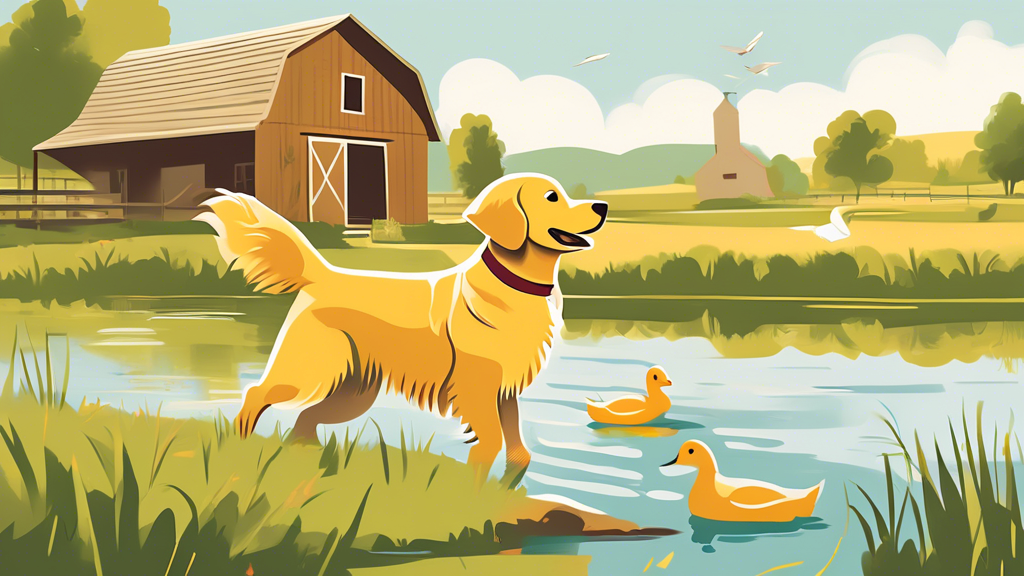 Create an illustration of a cheerful Golden Retriever learning to retrieve ducks in a calm, picturesque countryside setting. The scene should show an experienced trainer nearby, wearing outdoor gear, 