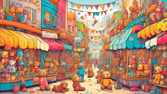 Create a vibrant and whimsical scene featuring a variety of charming toy doodles for sale at a colorful market stall. Include playful characters like teddy bears, robots, and stuffed animals, all with