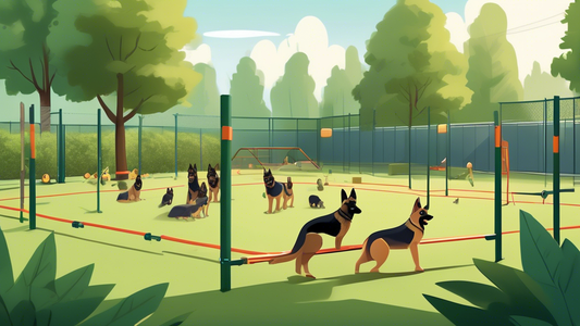 A detailed digital illustration of a well-maintained training facility for German Shepherds. The scene includes professional trainers engaging with German Shepherds in various training exercises, such