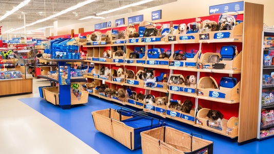 Create an image of a bright and welcoming PetSmart store section dedicated to dog carriers. The shelves are neatly lined with various types of dog carriers, showcasing different sizes, styles, and col