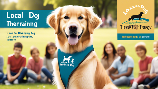 Create an image of a friendly, smiling Golden Retriever wearing a therapy dog in training vest, sitting in a community park. In the background, depict a group of people and their dogs participating in
