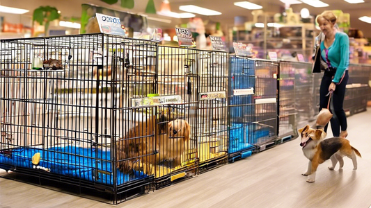 Create an image showing various types of mesh dog crates in a comfortable, well-lit pet store. Highlight different sizes, colors, and features of the crates, with a friendly dog standing near one of t