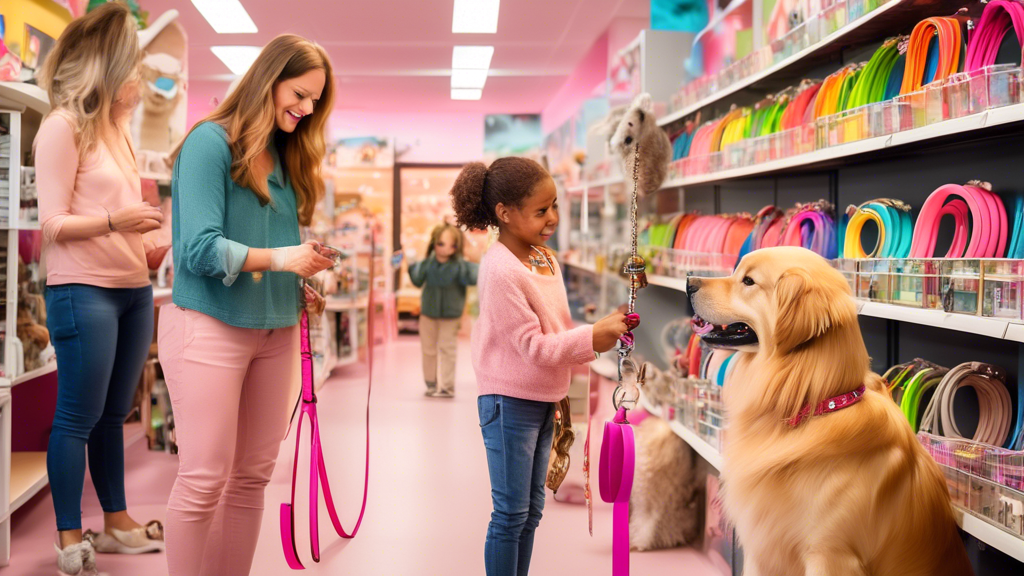 A heartwarming scene in a pet store where a diverse group of happy dog owners are browsing and choosing from a variety of colorful collars and leashes. The store shelves are filled with different styl