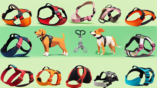 A detailed comparison image of various dog harnesses with handles, highlighting key features such as adjustability, cushioning, and durability. Include different dog breeds wearing the harnesses in va