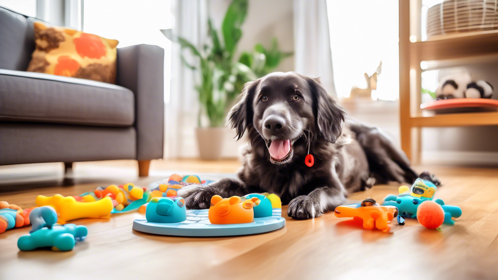 A cheerful dog enthusiastically playing with various Nina Ottosson interactive dog toys in a bright, cozy living room setting, showcasing vibrant puzzle toys and treat dispensers that stimulate mental