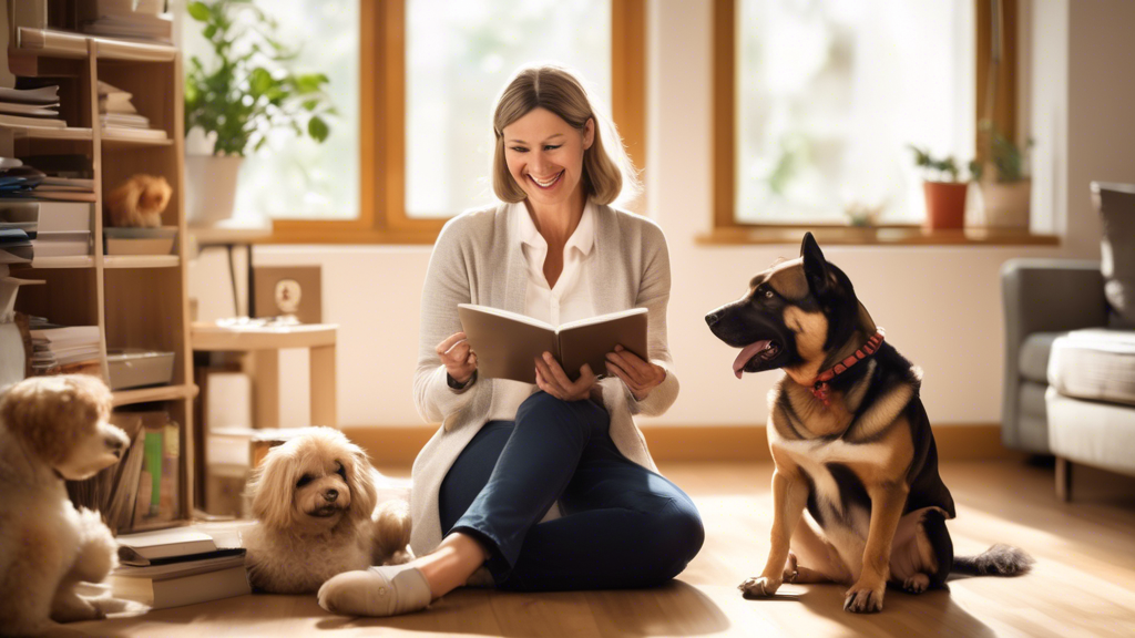 Create an image showing a dog behaviorist at work: a professional calmly and gently interacting with a dog in a peaceful, indoor setting. The behaviorist, who is holding a notepad and wearing a reassu