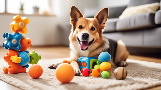 Create an image of a happy dog surrounded by a variety of intelligent dog toys. Include toys like a treat-dispensing puzzle, an interactive ball that moves on its own, and a durable chew toy with hidd