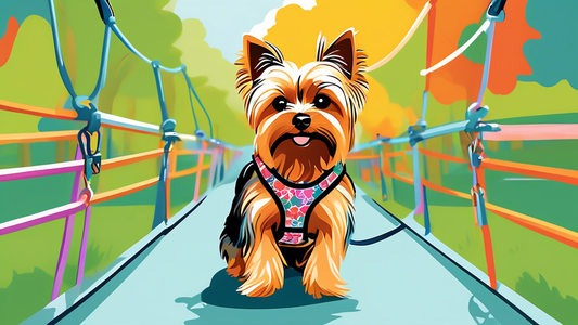 Create an image of a charming Yorkshire Terrier (Yorkie) happily wearing a perfectly fitted harness during a walk in a vibrant park. Display multiple harness styles and colors hanging on a rack in the