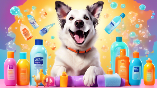 Create an image depicting a happy and clean dog with a shiny coat, surrounded by various bottles of dog shampoo and conditioner. Include a veterinarian and a pet groomer smiling and giving a thumbs-up