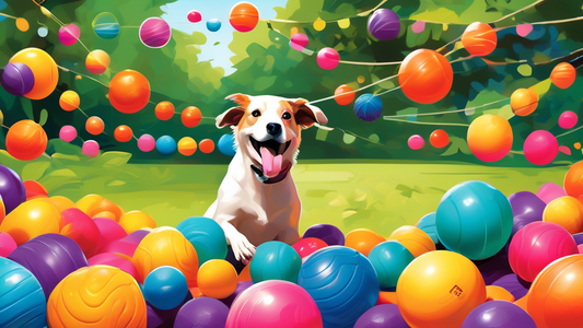 An assortment of top-quality dog ball toys in a vibrant backyard setting, with a joyful dog energetically playing, surrounded by various colorful and creatively designed balls, showcasing the endless 