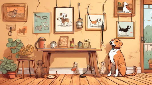 A detailed illustration of various anti-pull dog leads displayed on a wooden table, each with unique features and designs. A happy, medium-sized dog with a smooth coat sits beside the table, wagging i