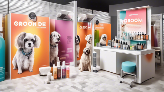 A vibrant and detailed advertisement showcasing the 'Ultimate Guide to Groom Professional Dog Shampoo'. The scene features a spotless, modern grooming station with various dogs of different breeds and