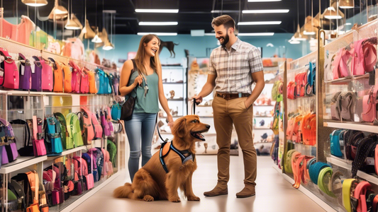 Create a vibrant, detailed scene in a well-lit pet store, showcasing a variety of stylish dog harness and leash sets. The sets should be color-coordinated and neatly displayed on racks. In the foregro