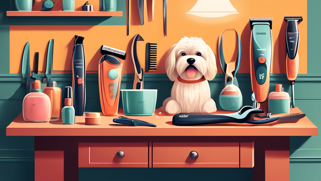 Create an image of a cozy home grooming setup featuring a variety of dog clippers laid out on a table. Show different breeds of dogs looking happy and well-groomed, surrounded by grooming tools, combs