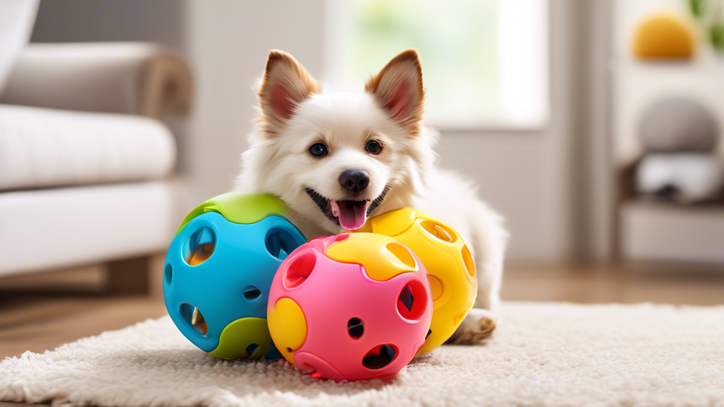Create a vibrant and playful image of a very durable and colorful treat ball designed for pets, prominently featuring a happy and energetic dog and cat interacting with it. The scene should be set in 