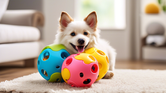 Create a vibrant and playful image of a very durable and colorful treat ball designed for pets, prominently featuring a happy and energetic dog and cat interacting with it. The scene should be set in 