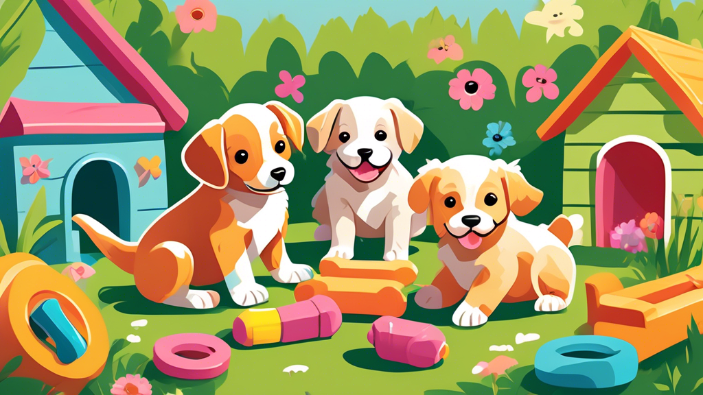A cheerful scene of adorable puppies playing with a variety of colorful, engaging chew toys in a sunny, green backyard. Highlight toys of different shapes and textures such as rubber bones, squeaky pl