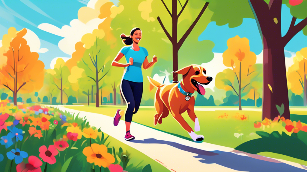 Create an image of a happy person jogging in a sunny park while using a hands-free dog leash. The leash is comfortably strapped around their waist, and their excited dog is running alongside them. The