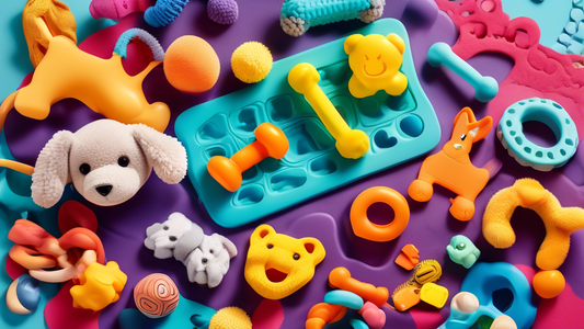 A high-resolution, colorful image of a variety of teething toys for puppies arranged neatly on a vibrant play mat. Include different shapes, textures, and sizes of toys such as rubber bones, knotted r