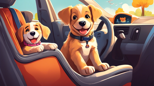 A heartwarming scene of a puppy comfortably secured in a specially designed seat belt while sitting on a car seat, with a happy family in the background, and a scenic road stretching out ahead on a su