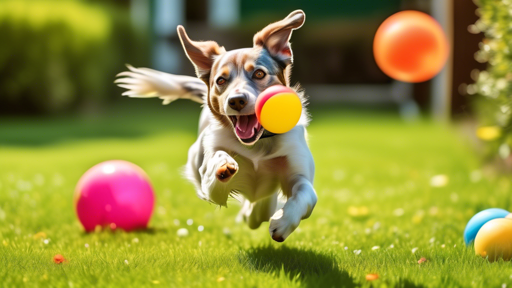 A high-resolution image of a joyful dog playing with a bright, colorful rubber ball in a sunny, spacious backyard. The dog is mid-jump with its tail wagging and ears perked up, capturing the excitemen